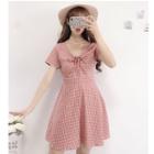 Short-sleeve Drawstring Plaid A-line Mini Dress