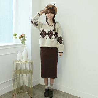 Knit Set : Argyle Sweater + H-line Skirt