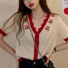 Short-sleeve Embroidered Cardigan Off-white - One Size