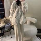 Long-sleeve Plain Furry Jacket / Plain Drawstring Straight Cut Sweatpants