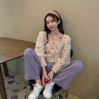 Square Collar Lace Cropped Top + Straight-cut Pants