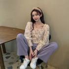 Square Collar Lace Cropped Top + Straight-cut Pants