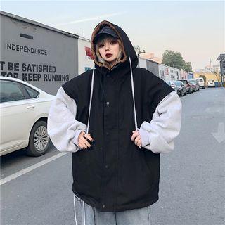 Mock Two-piece Fleece-lined Hooded Zip Jacket Black - One Size