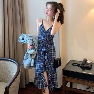 Spaghetti Strap Ruffled Drawstring Plaid A-line Midi Dress