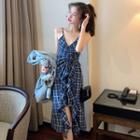 Spaghetti Strap Ruffled Drawstring Plaid A-line Midi Dress