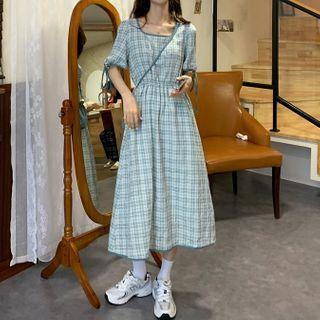Plaid Midi A-line Dress With Crossbody Bag
