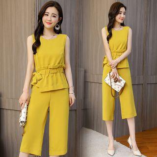 Set: Tie-waist Sleeveless Top + Capri Wide-leg Pants