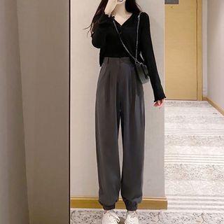 Long-sleeve V-neck Plain Top + High-waist Plain Sweatpants