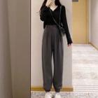 Long-sleeve V-neck Plain Top + High-waist Plain Sweatpants