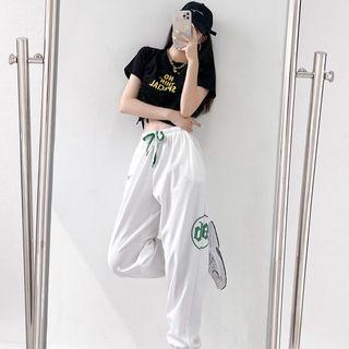 Short-sleeve Lettering Drawstring Cropped T-shirt / Harem Pants
