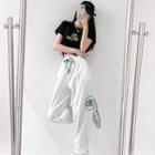 Short-sleeve Lettering Drawstring Cropped T-shirt / Harem Pants