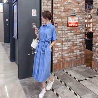 Striped Elbow-sleeve Midi Shirtdress