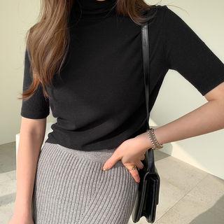 Turtleneck Short-sleeve Top Black - One Size