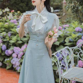 Set: Bell-sleeve Blouse + Gingham Midi A-line Overall Dress