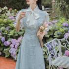 Set: Bell-sleeve Blouse + Gingham Midi A-line Overall Dress