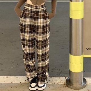 Plaid High-waist Wide-leg Pants / Zip-up Cropped Hoodie