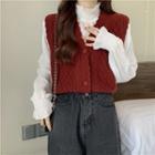 Bell-sleeve Mock-neck Blouse / Single-breasted Sweater Vest