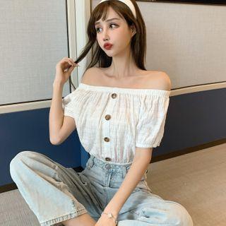Short-sleeve Off-shoulder Buttoned Crop Top White - One Size