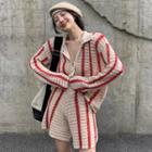 Collared Striped Cardigan / Loose-knit Shorts / Undershorts