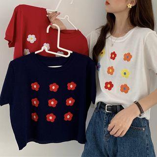 Short-sleeve Floral Knit Top