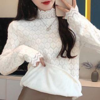 Long-sleeve Mock Neck Fleece-lined Lace Top