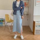 Deep-slit Frayed Maxi Denim Skirt