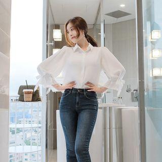 Beribboned 3/4-sleeve Shirt Ivory - One Size