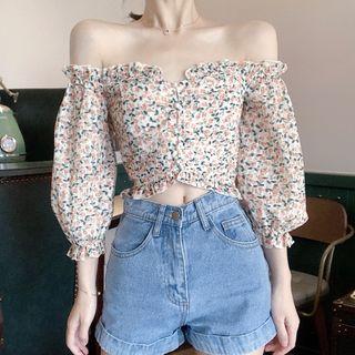 Off-shoulder Floral Print Chiffon Blouse Floral - One Size