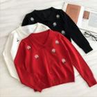 Embroidered Single-breasted Long-sleeve Knit Top
