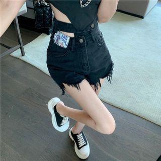 Asymmetrical Cutout-waistline Frayed Denim Shorts