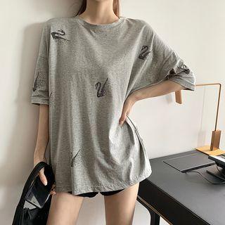 Couple Matching Elbow-sleeve Swan Pattern T-shirt