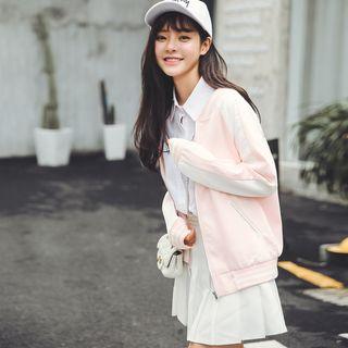 Color Panel Letter Embroidered Bomber Jacket
