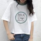 Short-sleeve Contrast Trim Lettering Cropped T-shirt