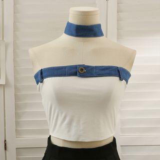 Denim-panel Plain Tube Top With Choker