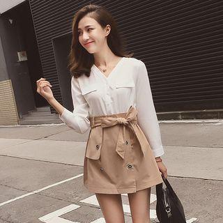 Mock Two-piece V-neck Chiffon Panel Dress