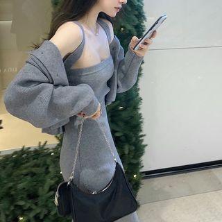 Tie-strap Knit Midi Bodycon Dress / Cardigan