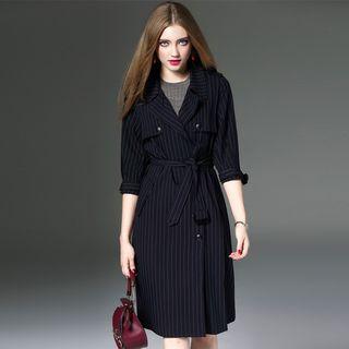 3/4-sleeve Striped Buttoned Coat