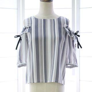 Elbow-sleeve Bow Ruffle Chiffon Top