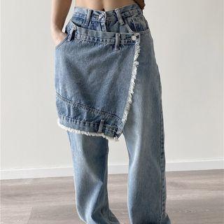 Mock Two-piece Asymmetrical Wide Leg Jeans