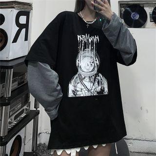 Mock Two-piece Graphic Print Sweatshirt Black & Gray - One Size