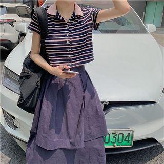 Short-sleeve Striped Buttoned Top / A-line Midi Skirt