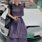 Short-sleeve Striped Buttoned Top / A-line Midi Skirt