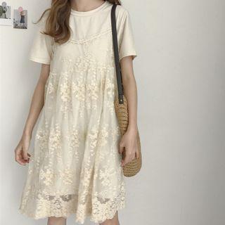 Set: Plain Short-sleeve T-shirt + Lace Spaghetti Strap Dress