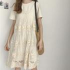 Set: Plain Short-sleeve T-shirt + Lace Spaghetti Strap Dress