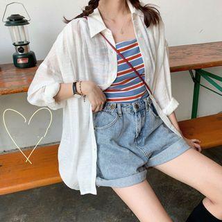 Plain Long-sleeve Shirt / Striped Crop Top