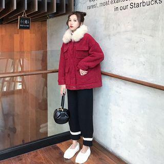 Furry Panel Button Jacket/ Cropped Contrast-trim Knit Wide-leg Pants