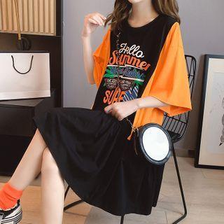 Elbow-sleeve Surfboard Print Paneled T-shirt Dress
