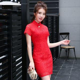 Mandarin Collar Short Sleeve Lace Cocktail Dress