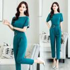 Set: Short Sleeve Contrast Trim Top + High Waist Cropped Dress Pants