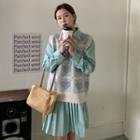 Heart Print Knit Vest / Pleated Mini A-line Shirtdress